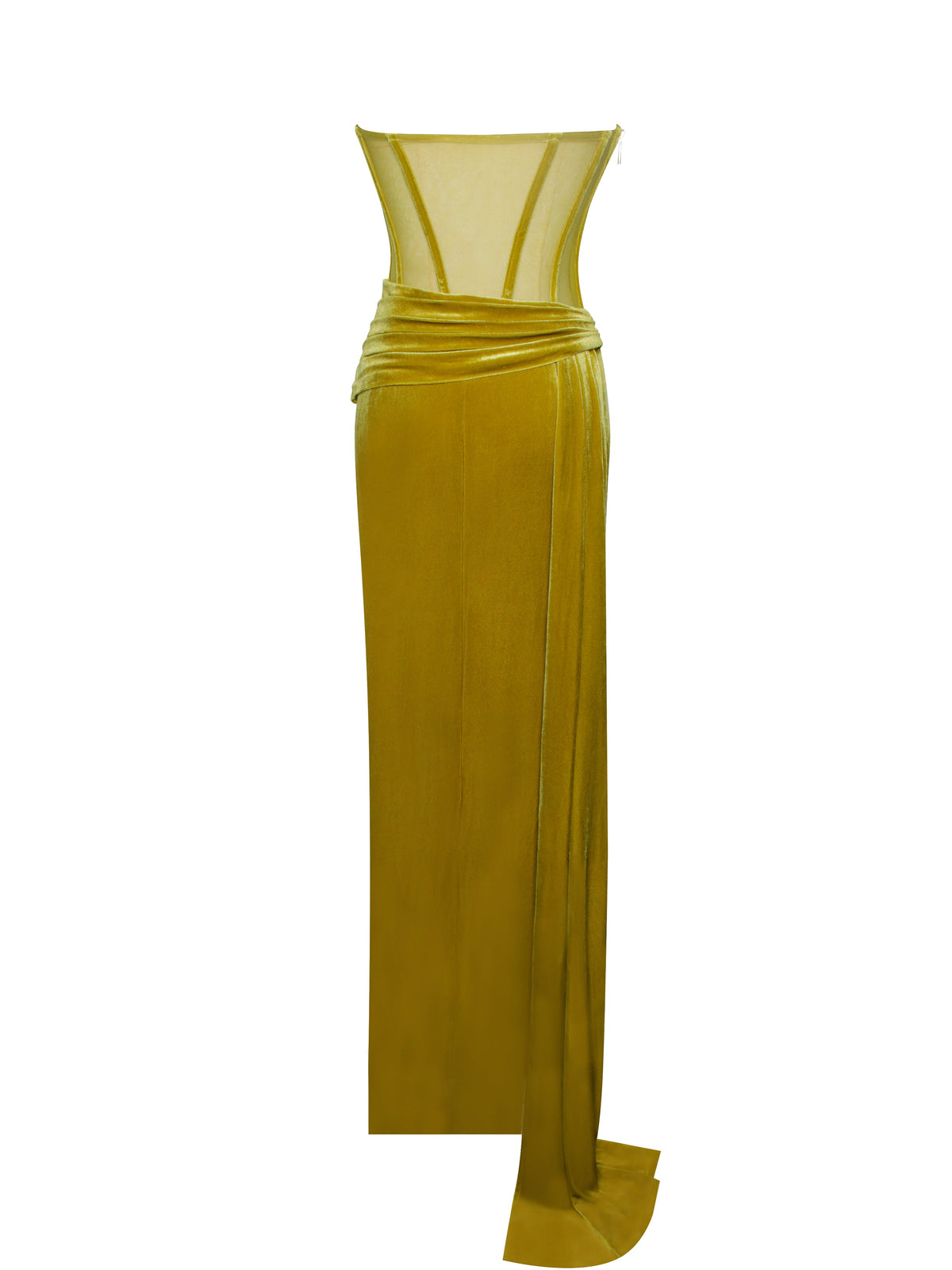 Octavia Gold Draping Crystal Corset High Slit Velvet Gown (Archive Sale)