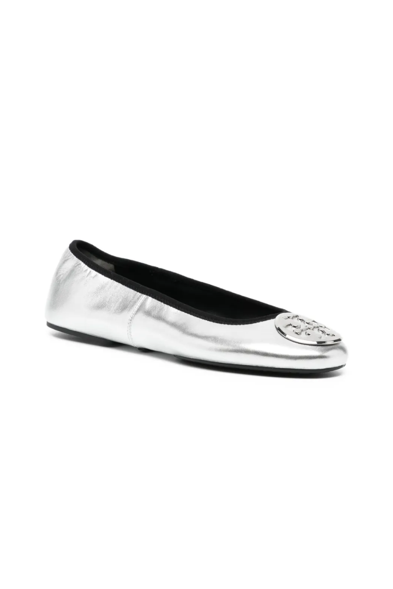 Tory Burch Reva Travel Ballet Flats in Metallic Silver Leather