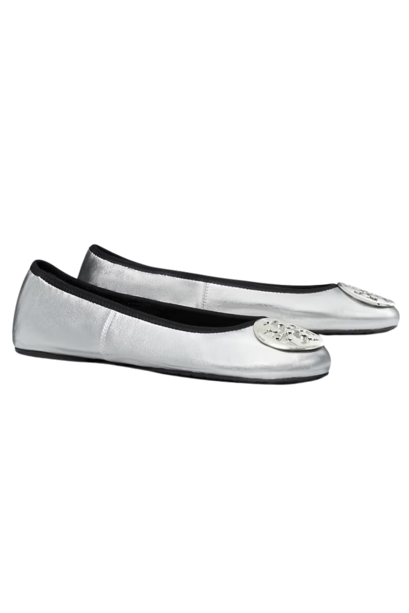 Tory Burch Reva Travel Ballet Flats in Metallic Silver Leather