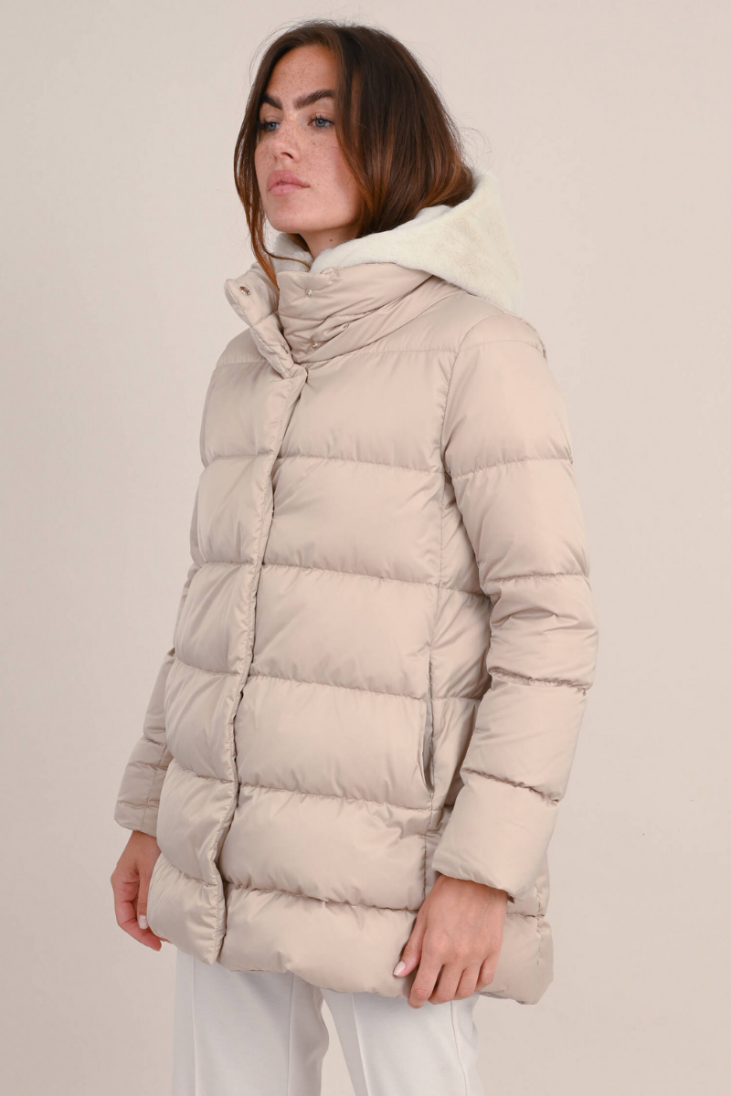 Herno Beige Quilted Faux-Fur Down Jacket with Shearling Lining