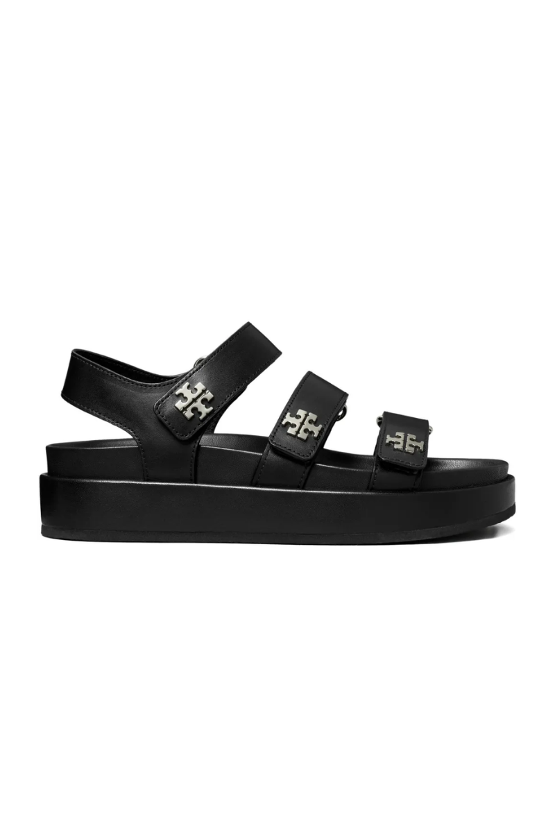 Tory Burch Kira Sport Triple-Strap Sandals in Black Leather with Silver Logo