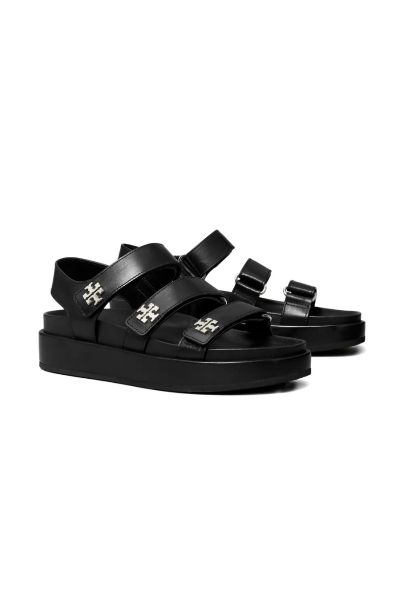Tory Burch Kira Sport Triple-Strap Sandals in Black Leather with Silver Logo