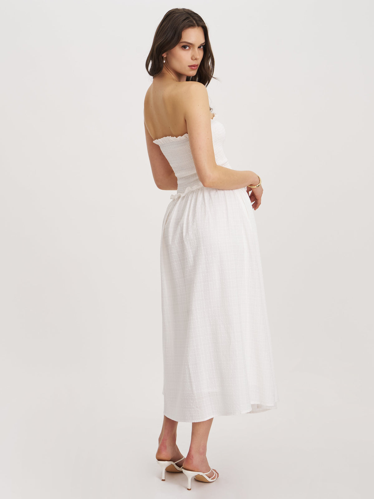 Quadiya White Cotton Seersucker Smocked Strapless Midi Dress