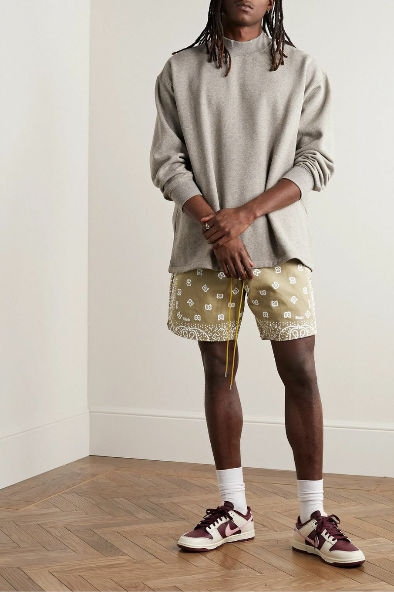 Rhude Straight Leg Bandana Print Cotton Twill Drawstring Shorts Neutrals