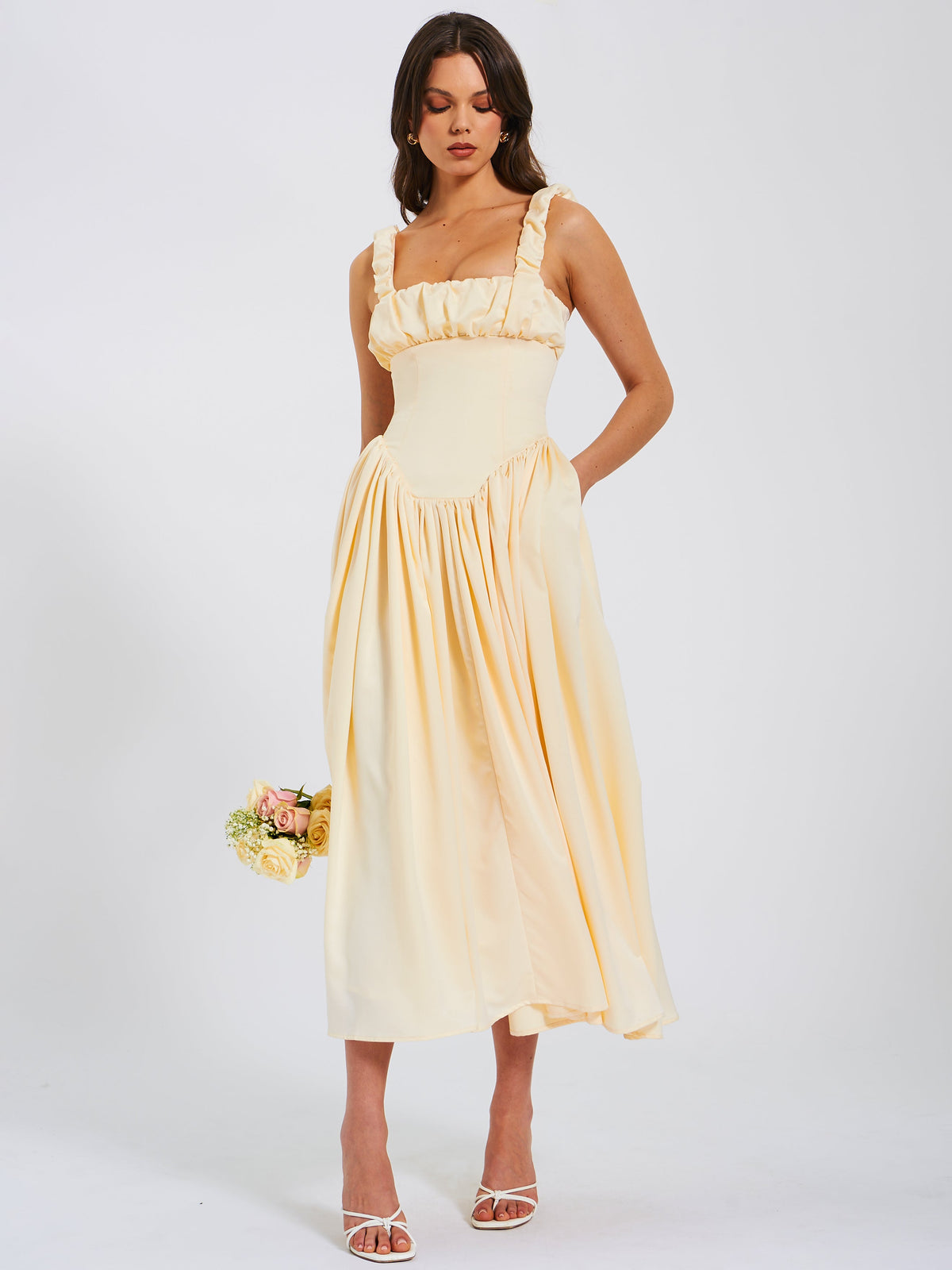 Noreen Egg White Satin Drop Waist Maxi Sundress (Archive Sale)