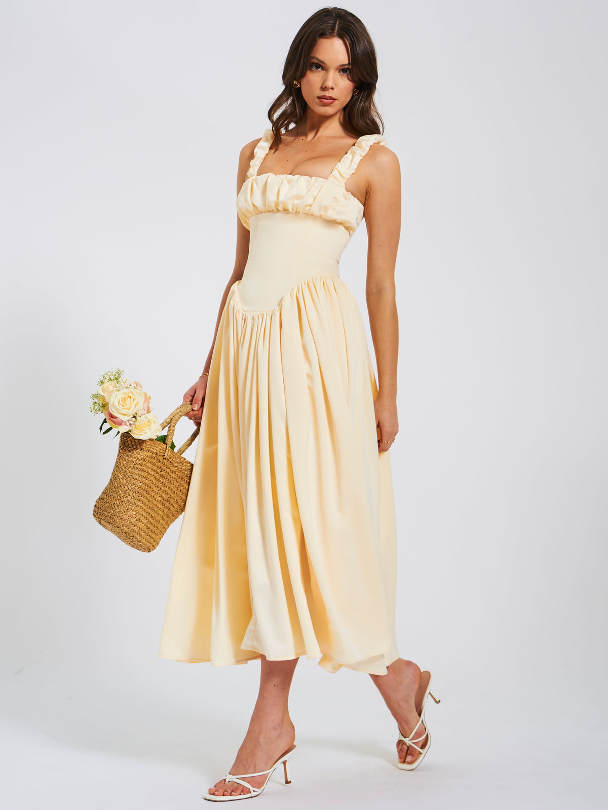 Noreen Egg White Satin Drop Waist Maxi Sundress (Archive Sale)