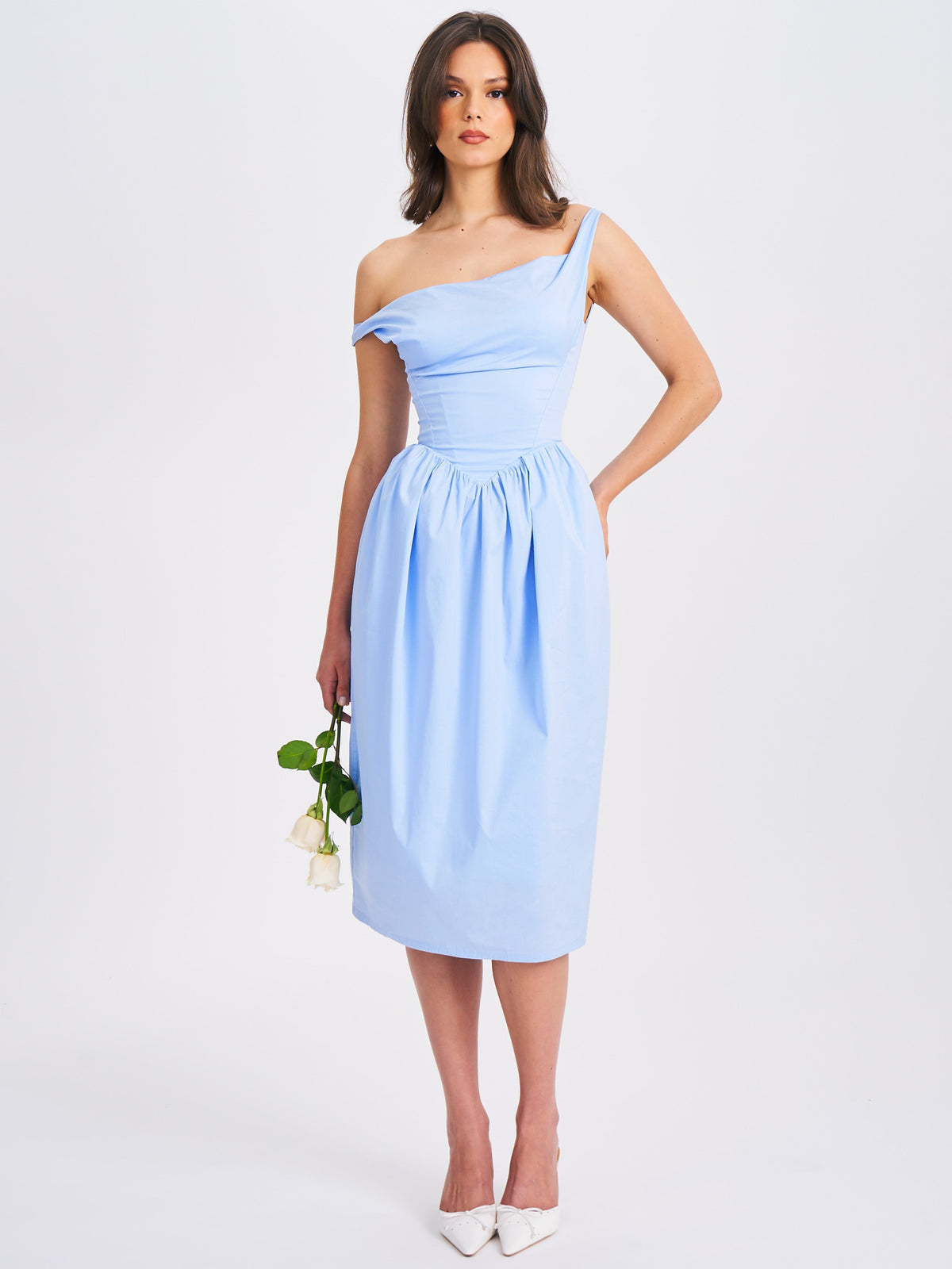Reina Blue Cotton Poplin Drop Waist Corset Midi Dress
