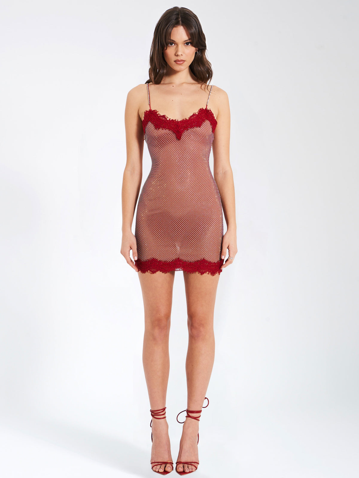 Remi Burgundy Mesh Rhinestone Lace Mini Dress(Archive Sale)