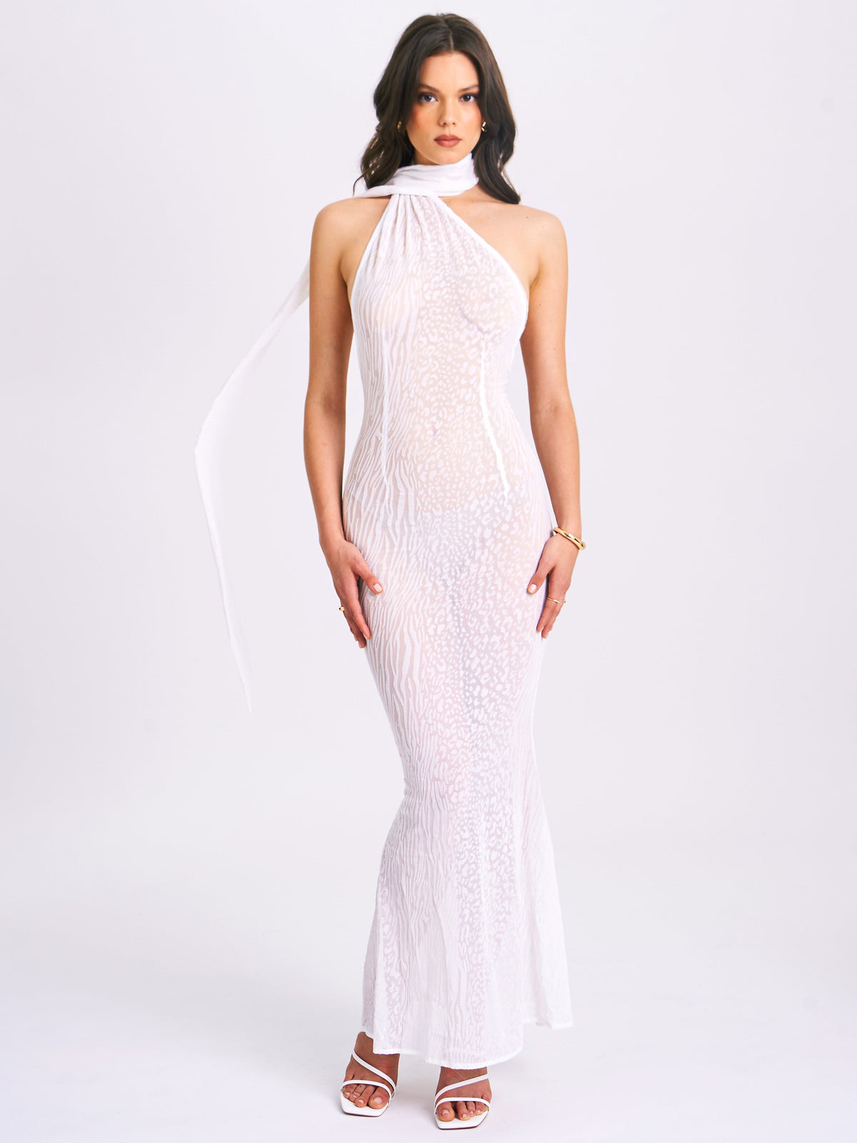 Olena White Burnout Velvet Animal Print Mesh Halter Neck Maxi Dress