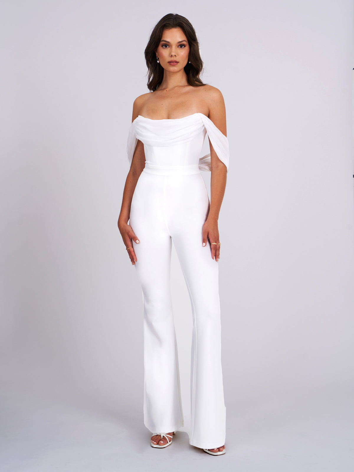 Sherlyn White Off Shoulder Flared Crepe Jumpsuit (Archive Sale)