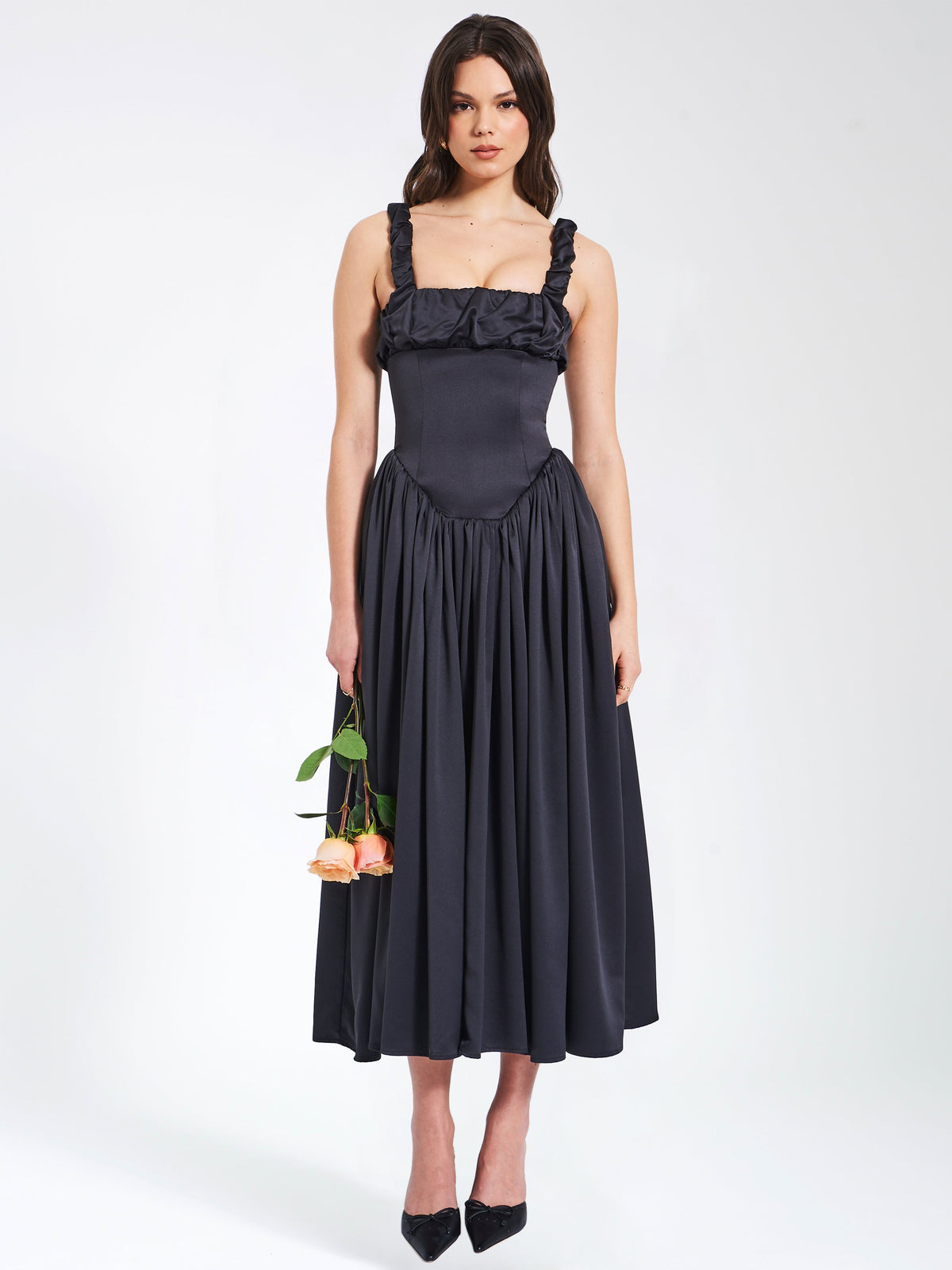 Noreen Black Satin Drop Waist Maxi Sundress (Archive Sale)