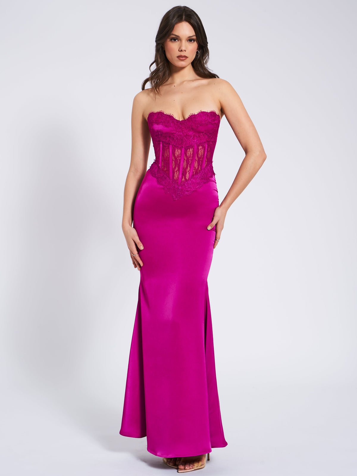 Everleigh Fuchsia Lace Satin Corset Maxi Dress (Archive Sale)