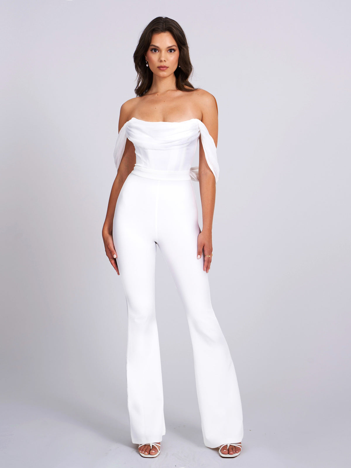 Sherlyn White Off Shoulder Flared Crepe Jumpsuit (Archive Sale)