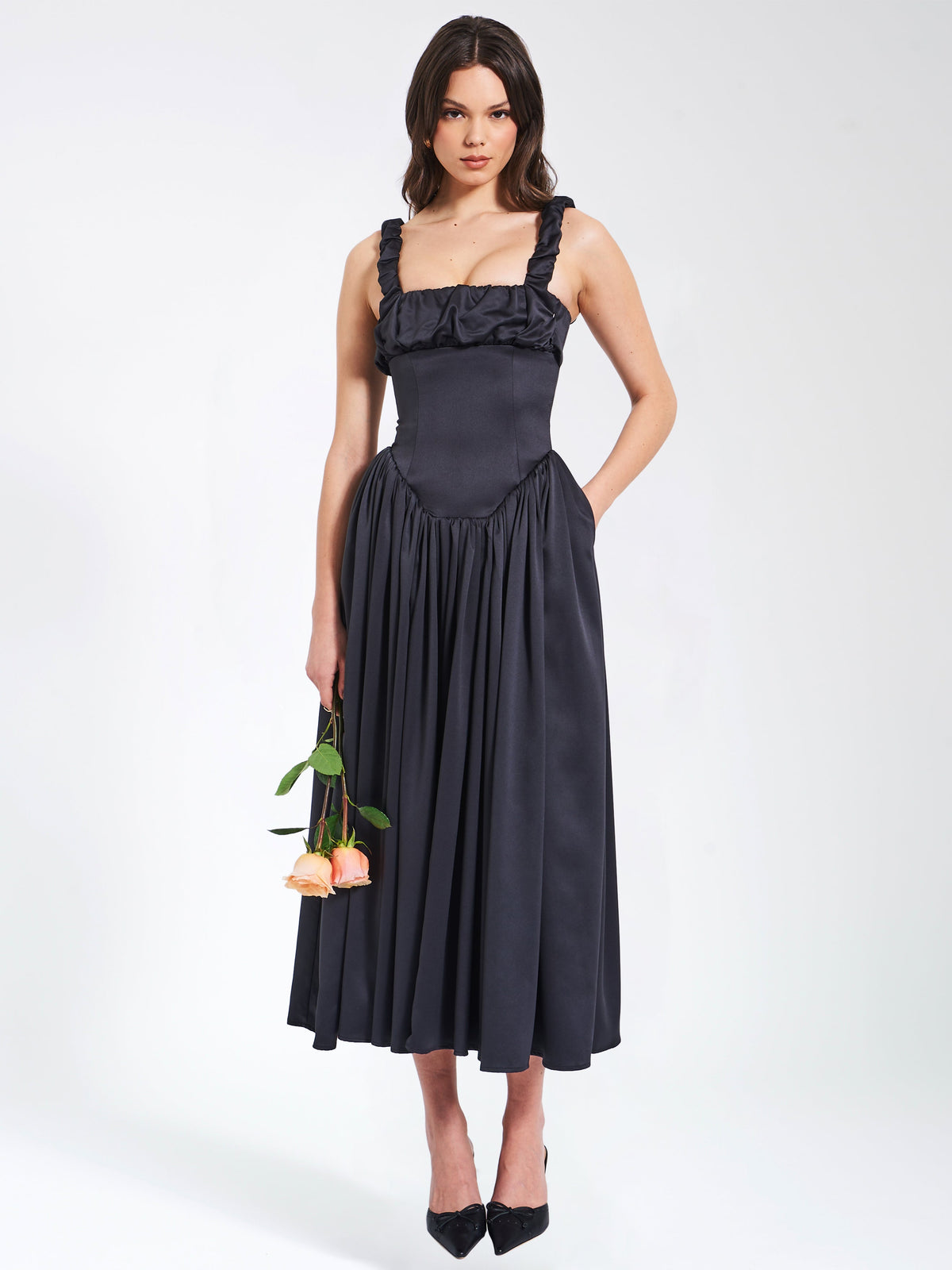 Noreen Black Satin Drop Waist Maxi Sundress (Archive Sale)