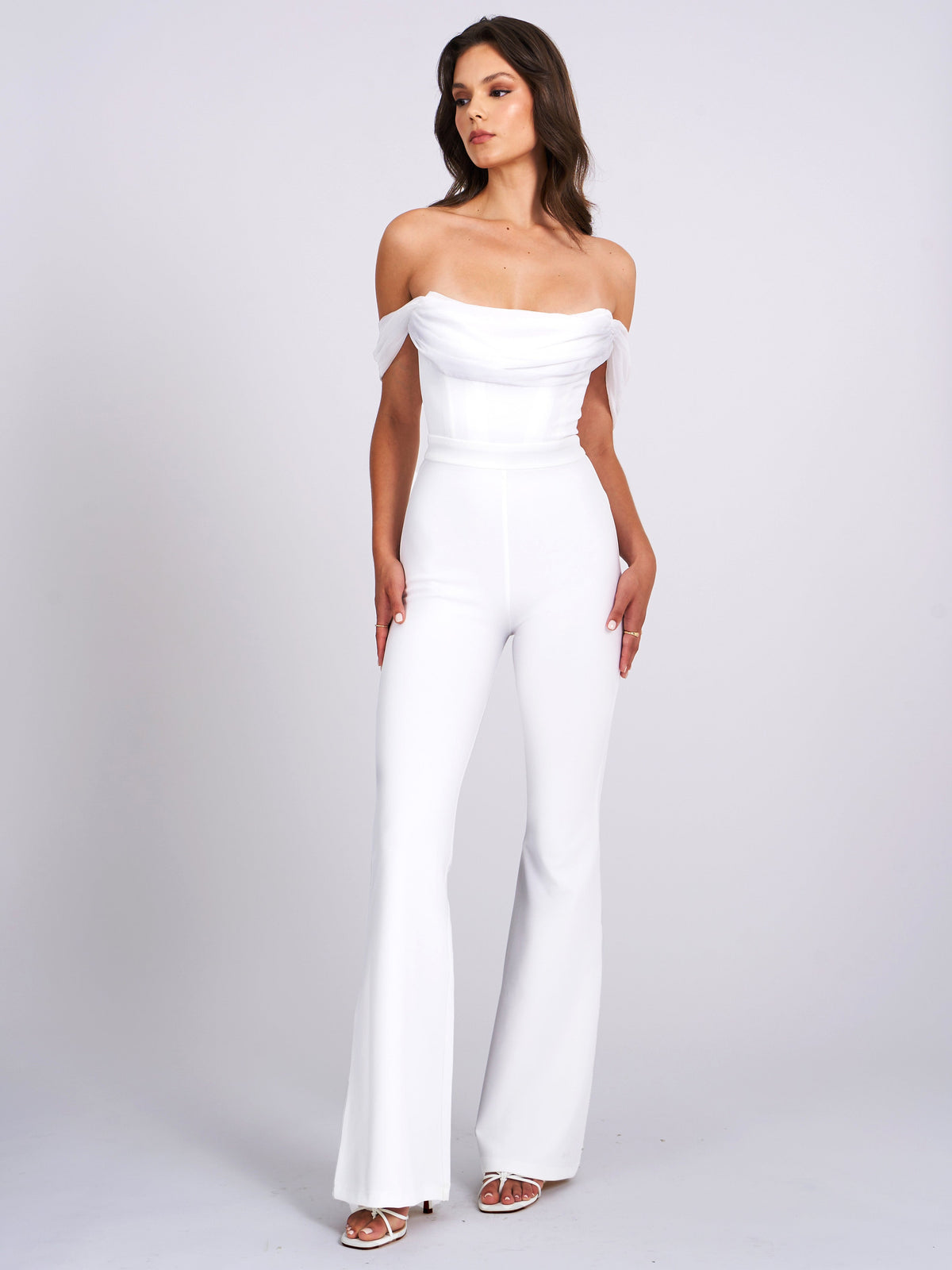 Sherlyn White Off Shoulder Flared Crepe Jumpsuit (Archive Sale)