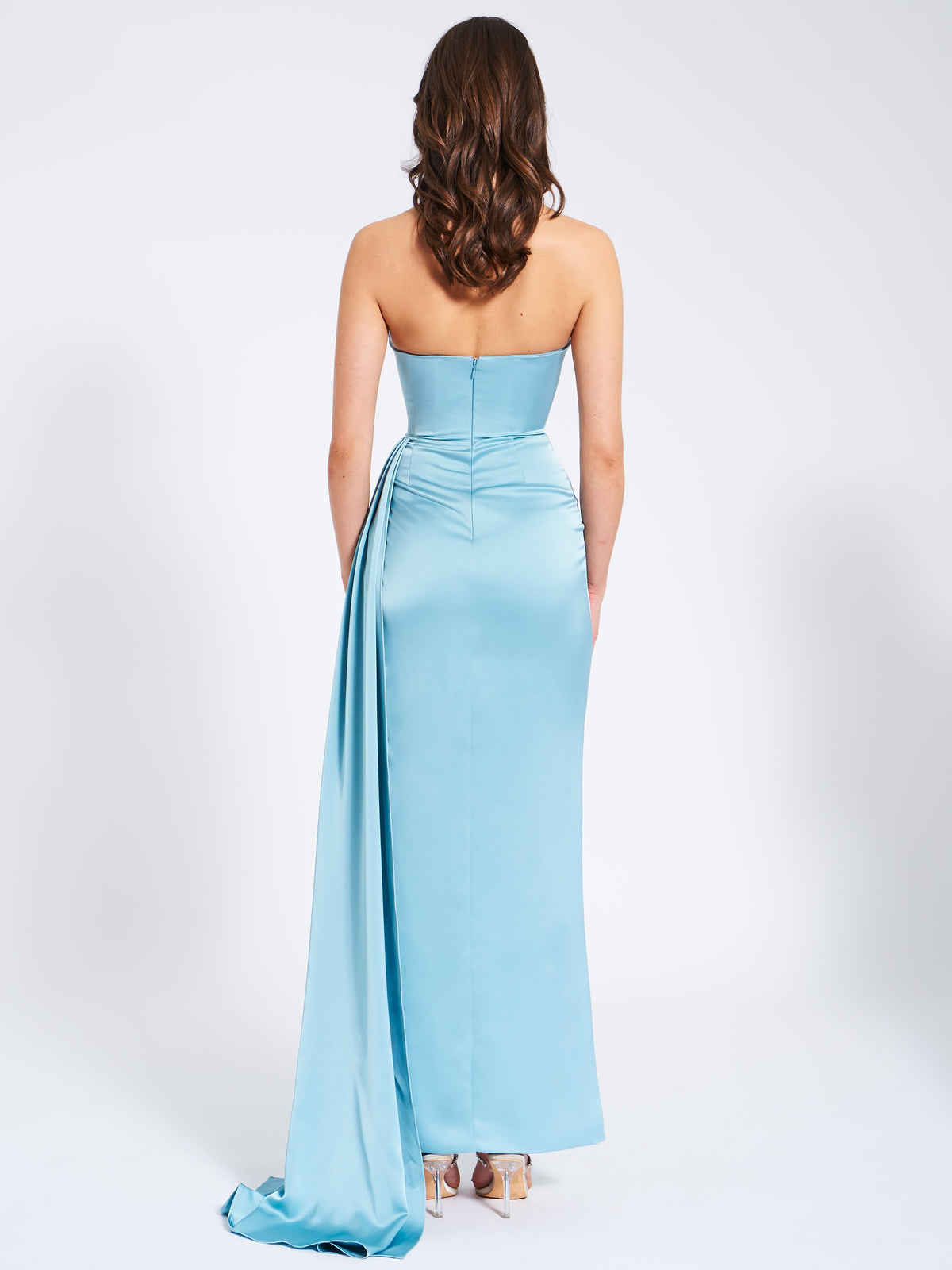 Marilyn Pale Blue Satin Crystal Embellished High Slit Gown (Archive Sale)