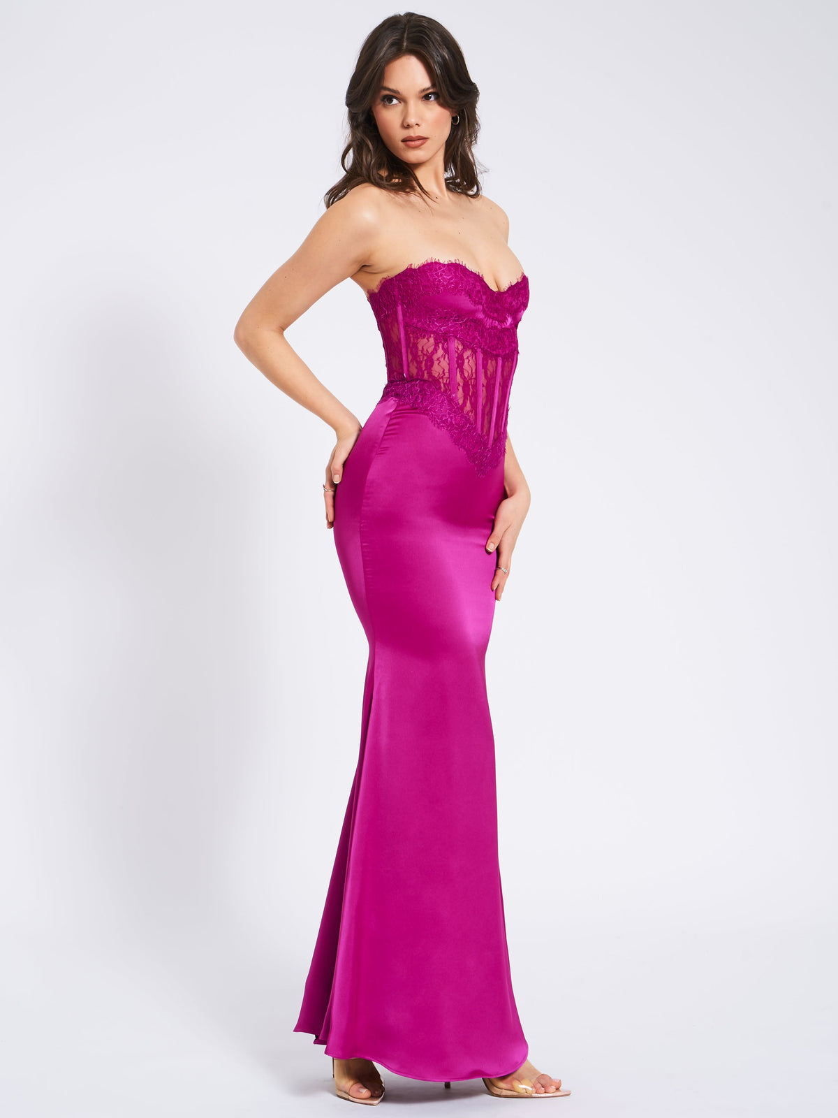 Everleigh Fuchsia Lace Satin Corset Maxi Dress (Archive Sale)