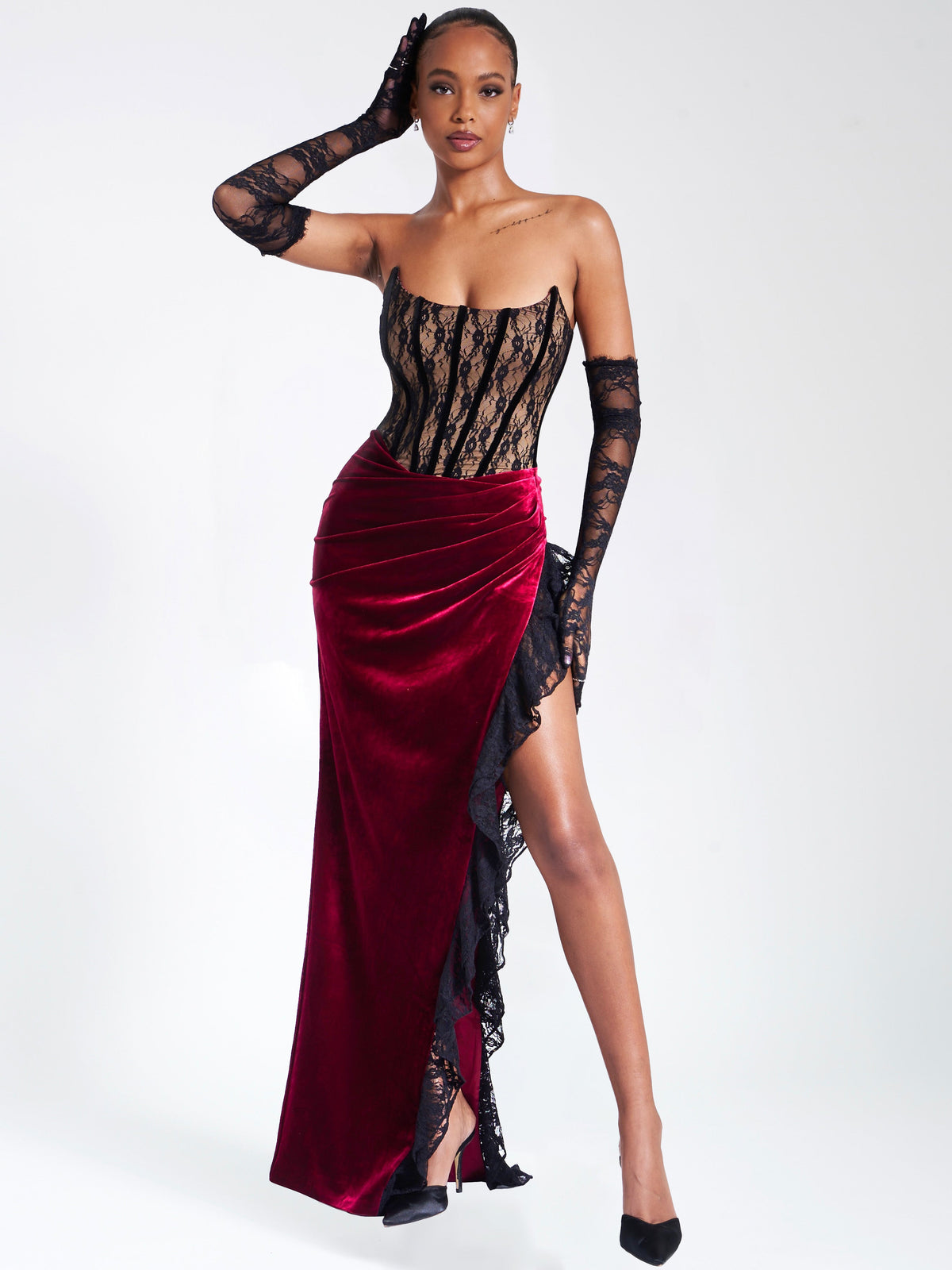 Gaia Burgundy Lace Velvet Corset Side Slit Dress (Archive Sale)