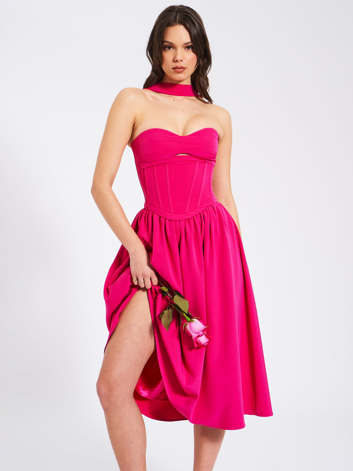 Maia Fuchsia Halter Neck Corset Midi Sundress (Archive Sale)