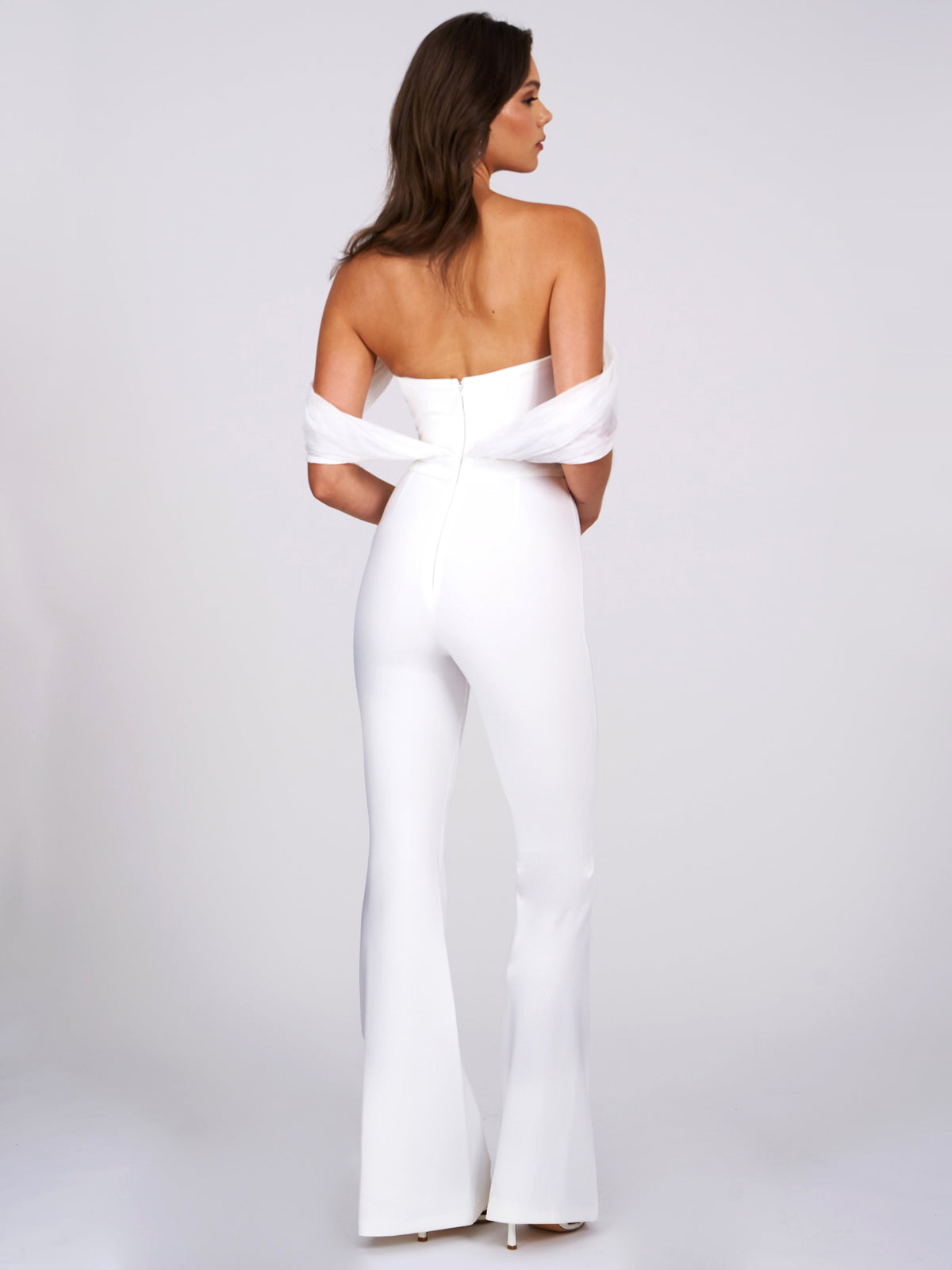 Sherlyn White Off Shoulder Flared Crepe Jumpsuit (Archive Sale)