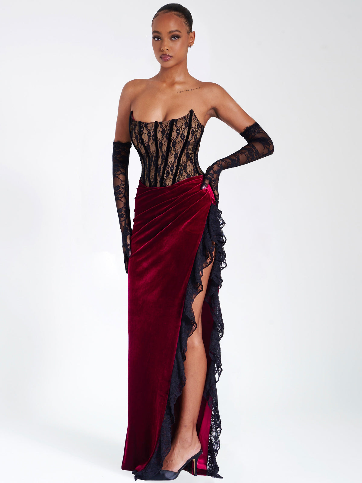 Gaia Burgundy Lace Velvet Corset Side Slit Dress (Archive Sale)