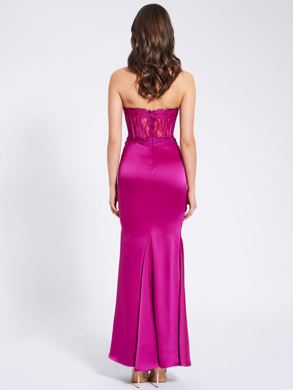 Everleigh Fuchsia Lace Satin Corset Maxi Dress (Archive Sale)