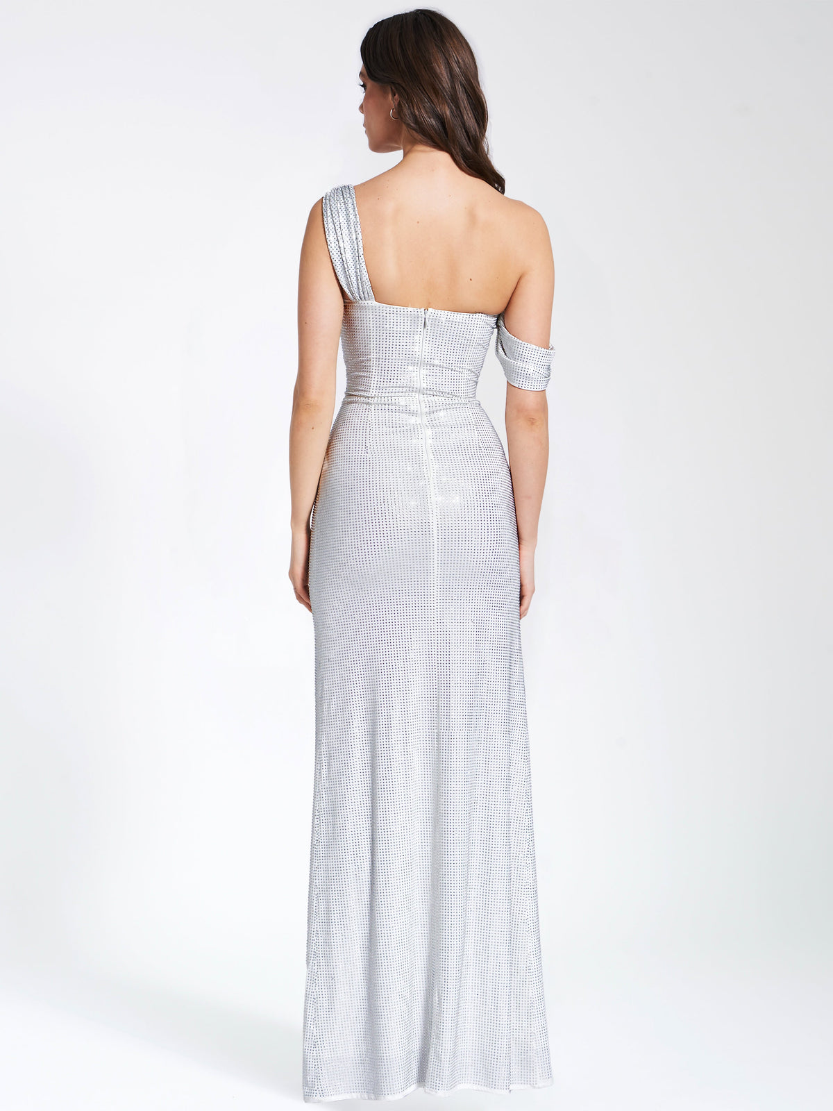 Paget White Mesh Rhinestone Embellished High Slit Gown (Archive Sale)