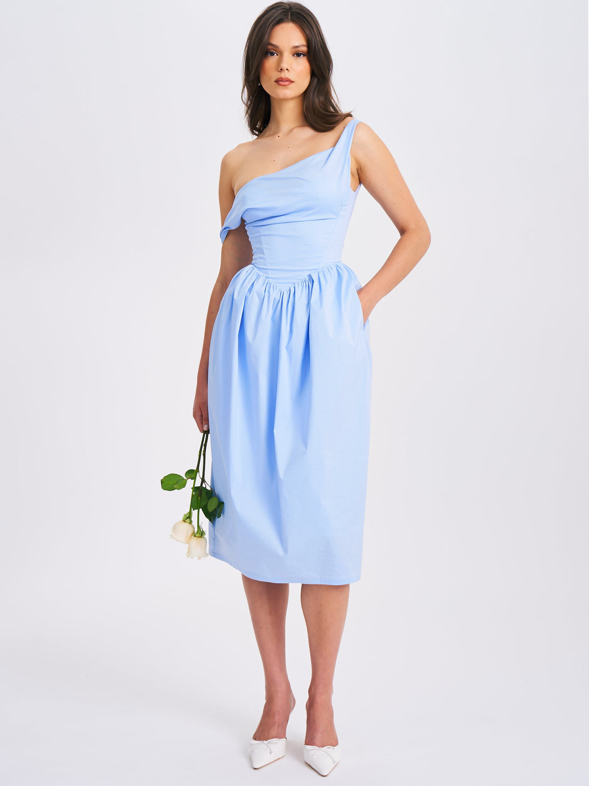 Reina Blue Cotton Poplin Drop Waist Corset Midi Dress