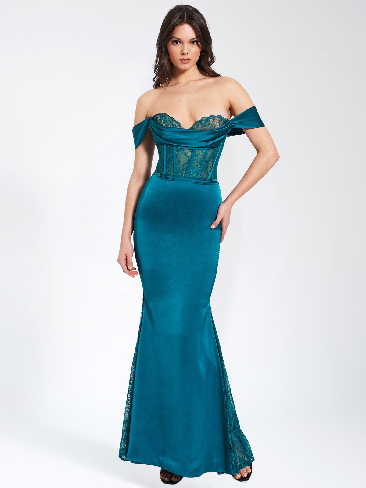 Callista Teal Satin Lace Corset Maxi Dress (Archive Sale)