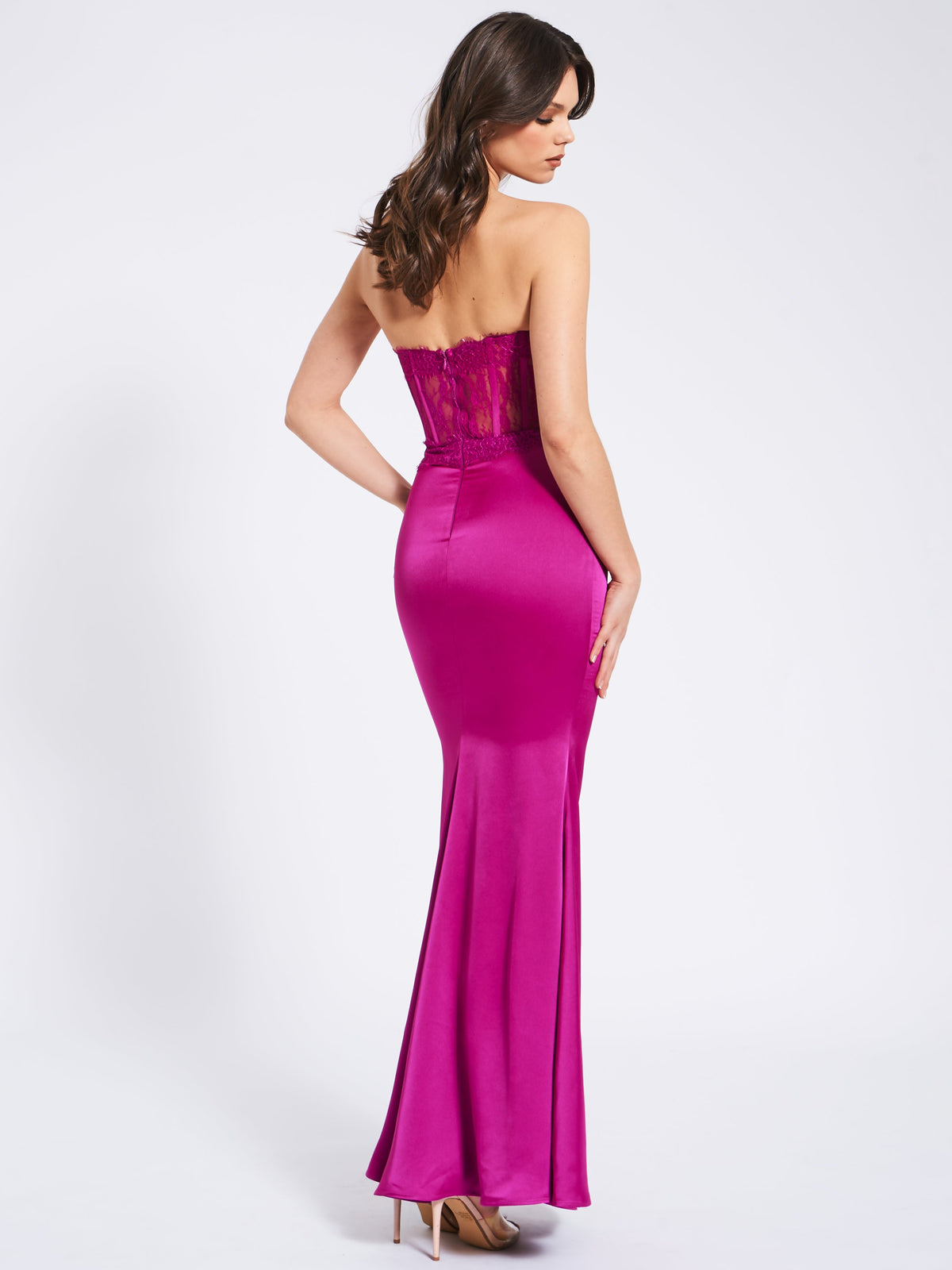 Everleigh Fuchsia Lace Satin Corset Maxi Dress (Archive Sale)