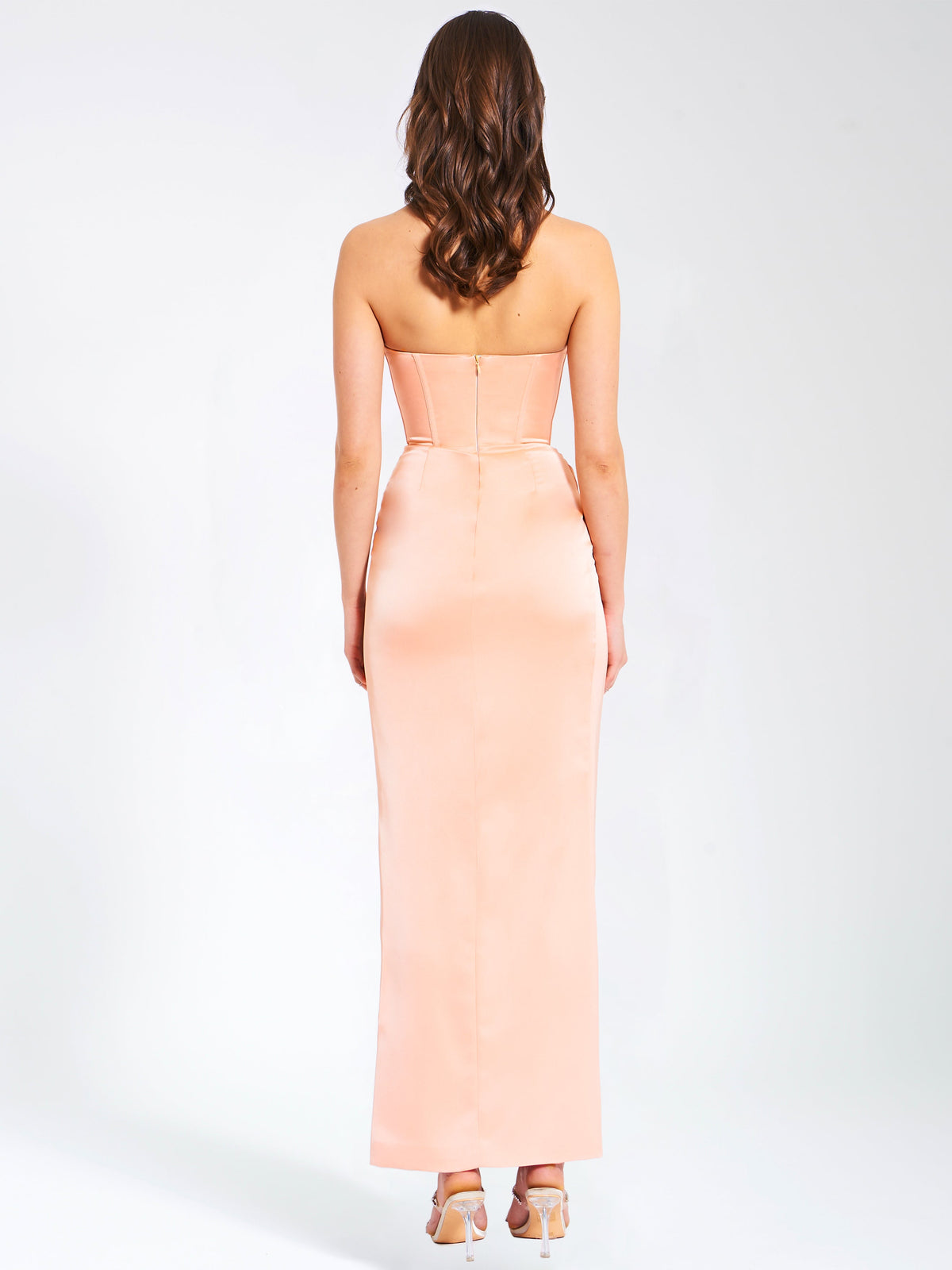 Amelia Blush Satin Corset Slit Gown With Crystal Embellished (Archive Sale)