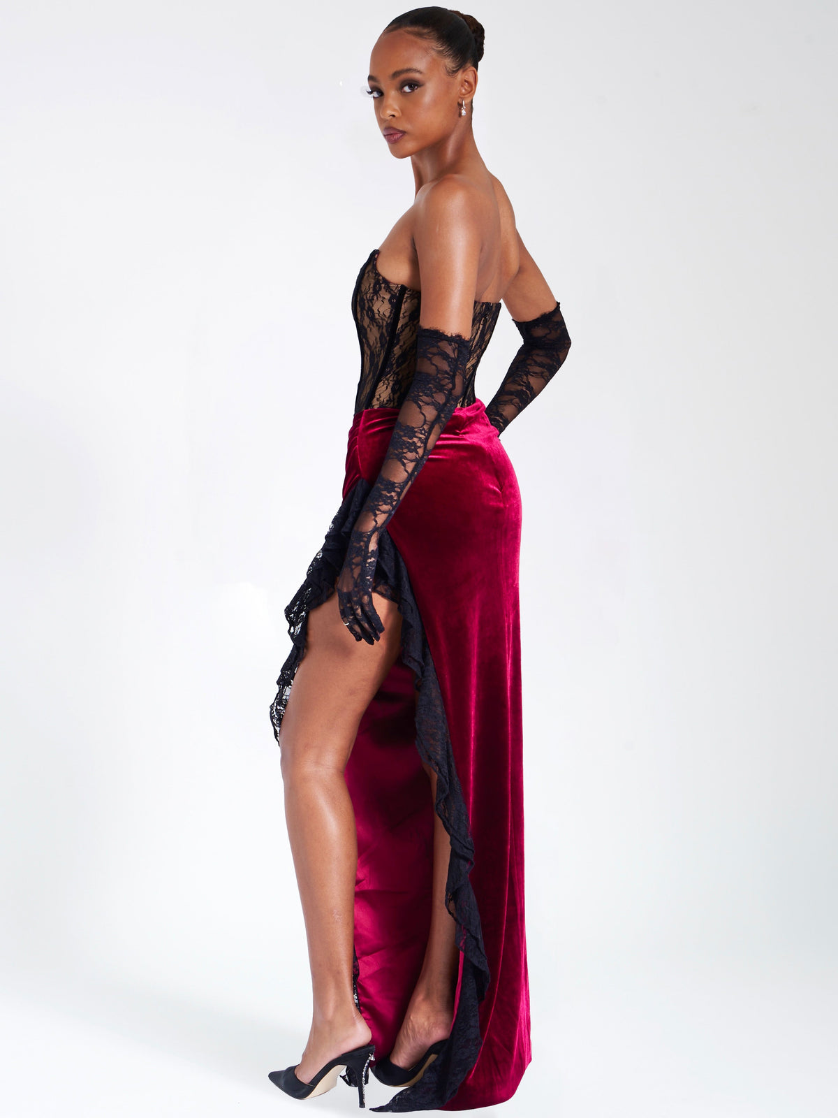 Gaia Burgundy Lace Velvet Corset Side Slit Dress (Archive Sale)