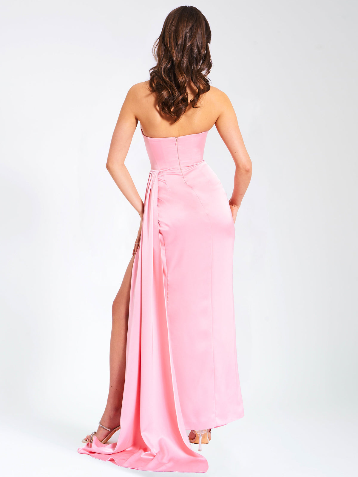 Marilyn Pink Satin Crystal Embellished High Slit Gown (Archive Sale)