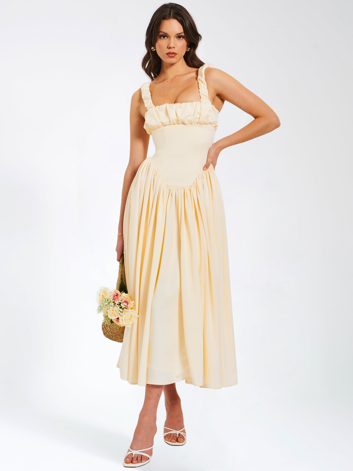 Noreen Egg White Satin Drop Waist Maxi Sundress (Archive Sale)