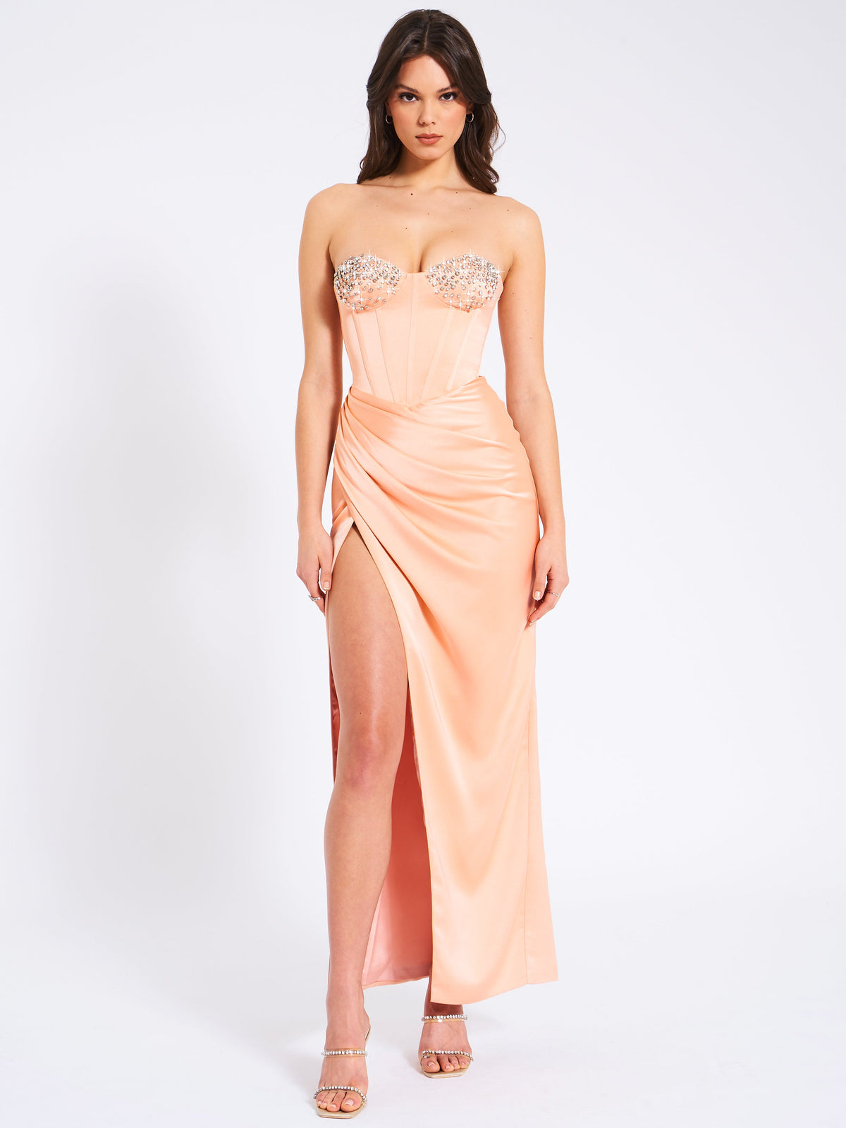 Amelia Blush Satin Corset Slit Gown With Crystal Embellished (Archive Sale)