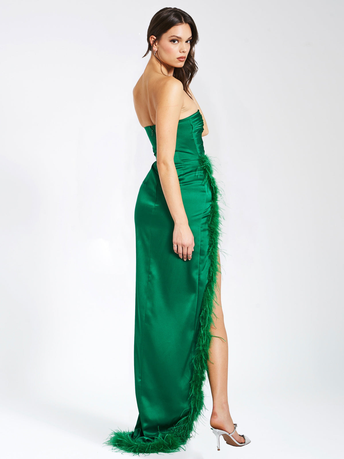 Perrin Emerald Green Feather Dress High Slit Gown (Archive Sale)