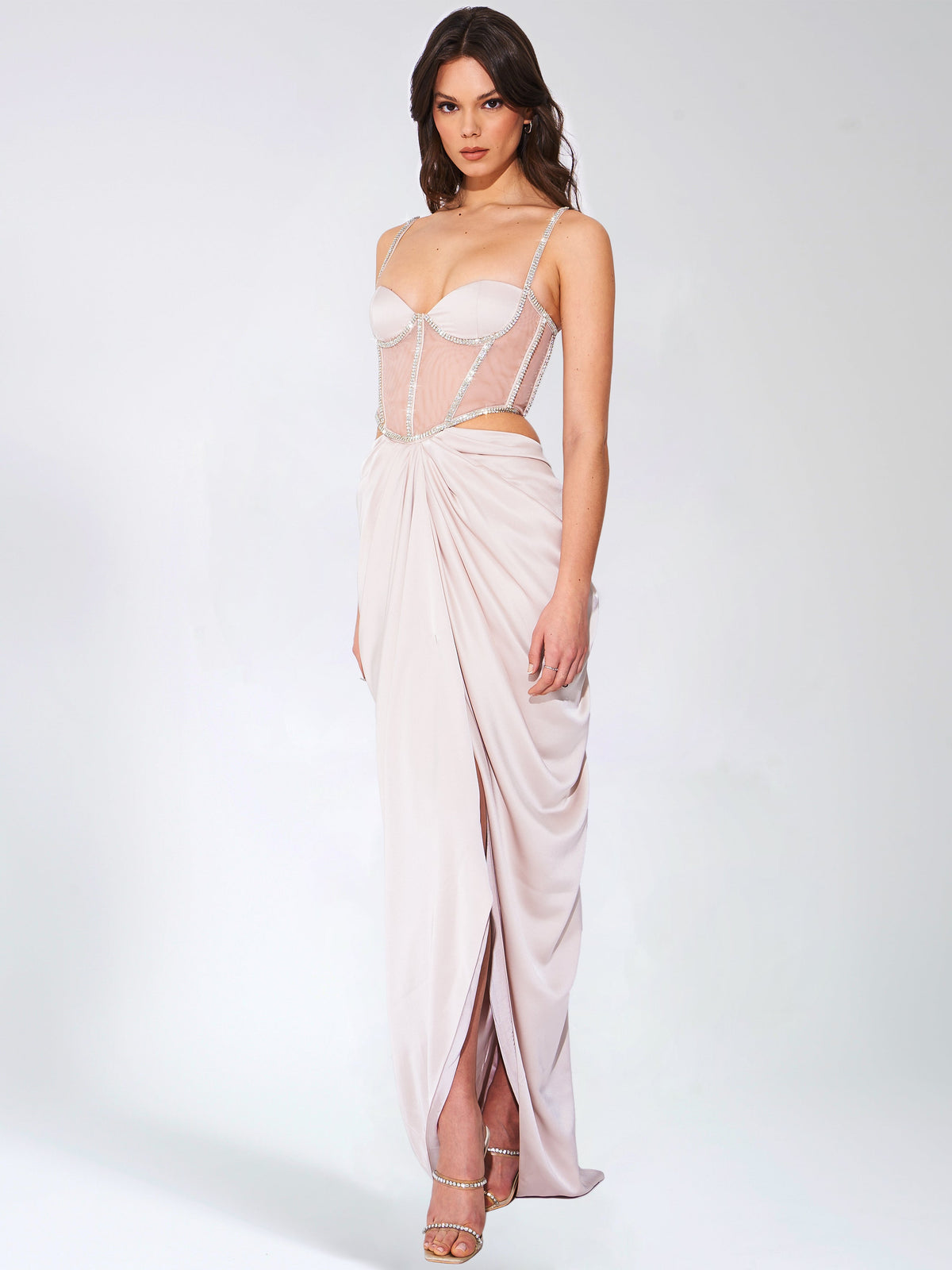 Cadence Champagne Satin Crystal Embellished Corset Dress(Archive Sale)