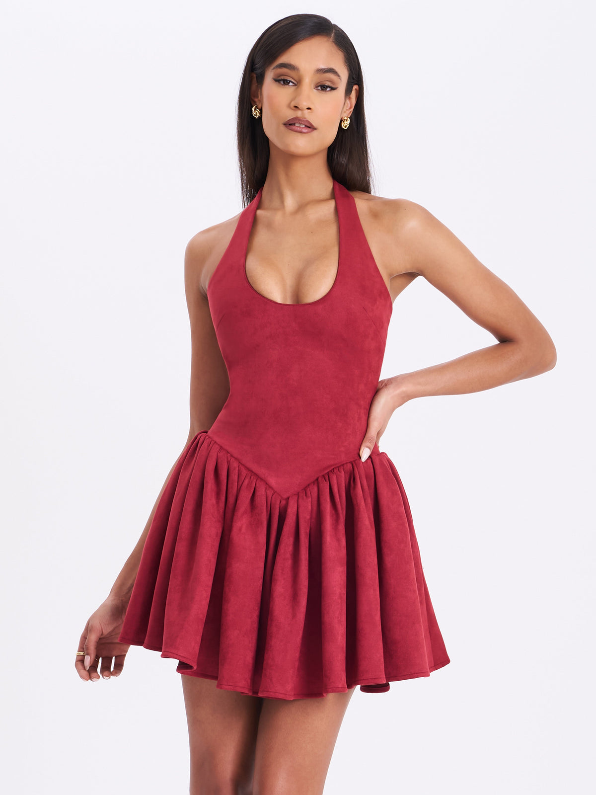 Hadorabra Burgundy Suede Halter Mini Full Dress (Archive Sale)