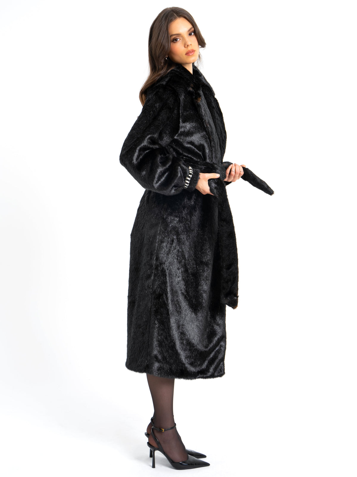 Yahia Black Vegan Long Faux Mink Coat (Archive Sale)