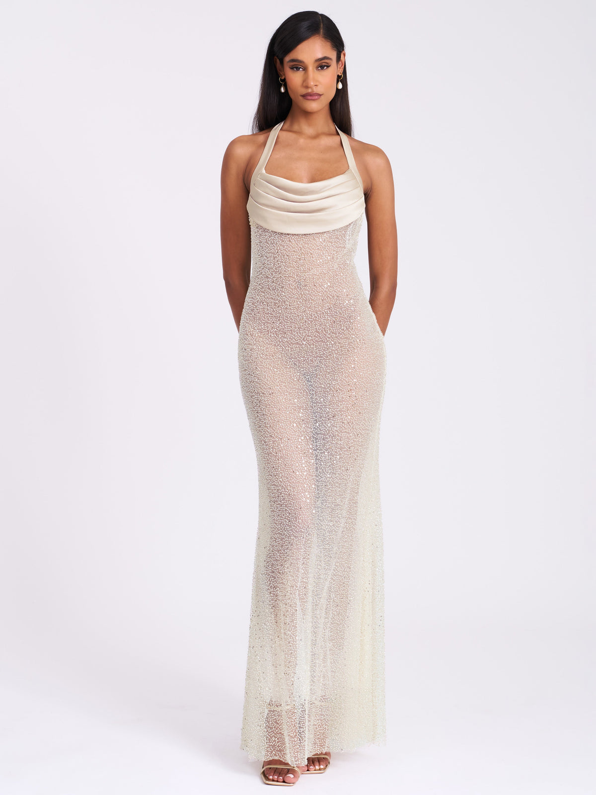 Zahya Lime Halter Backless Beaded Mesh Gown (Archive Sale)
