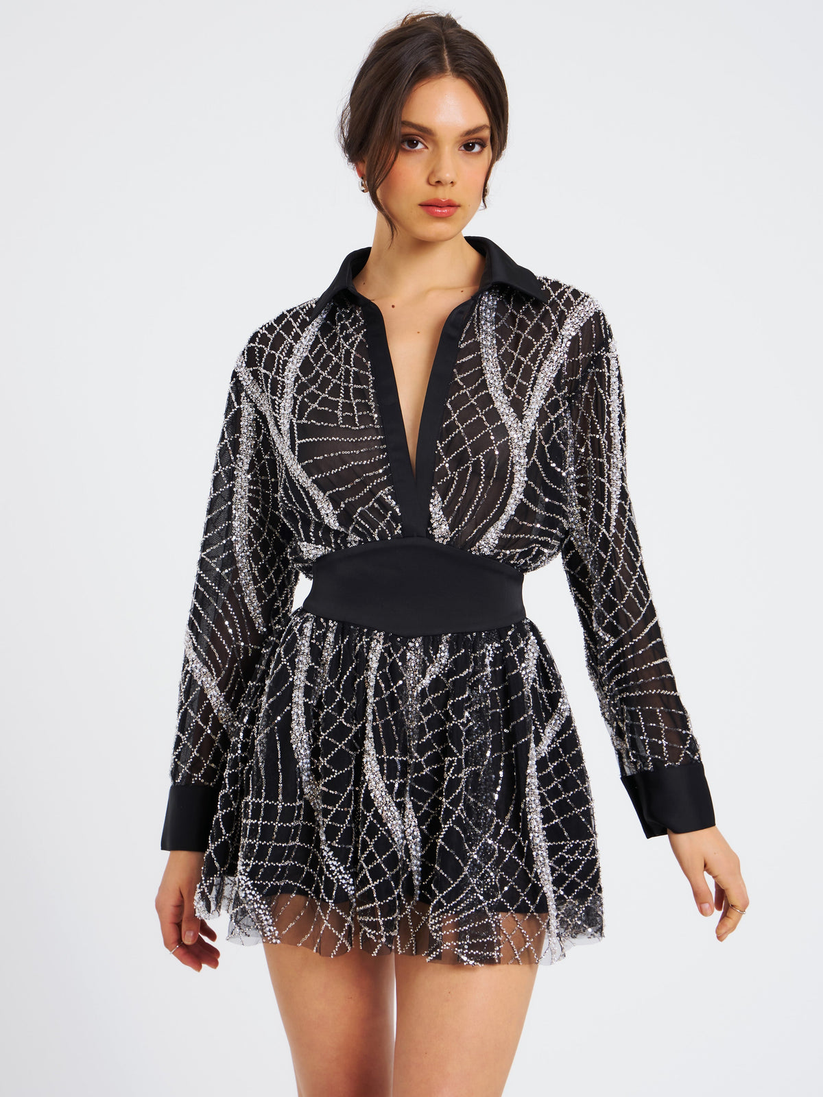 Rachelle Black Embroidered Mesh Mini Shirt Dress (Archive Sale)