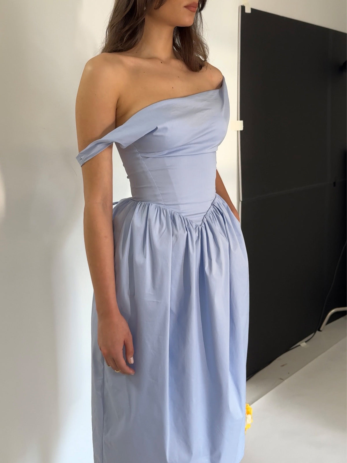 Reina Blue Cotton Poplin Drop Waist Corset Midi Dress