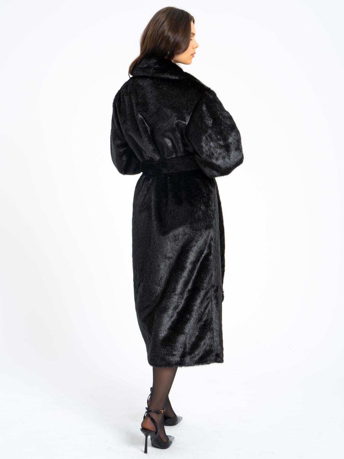 Yahia Black Vegan Long Faux Mink Coat (Archive Sale)