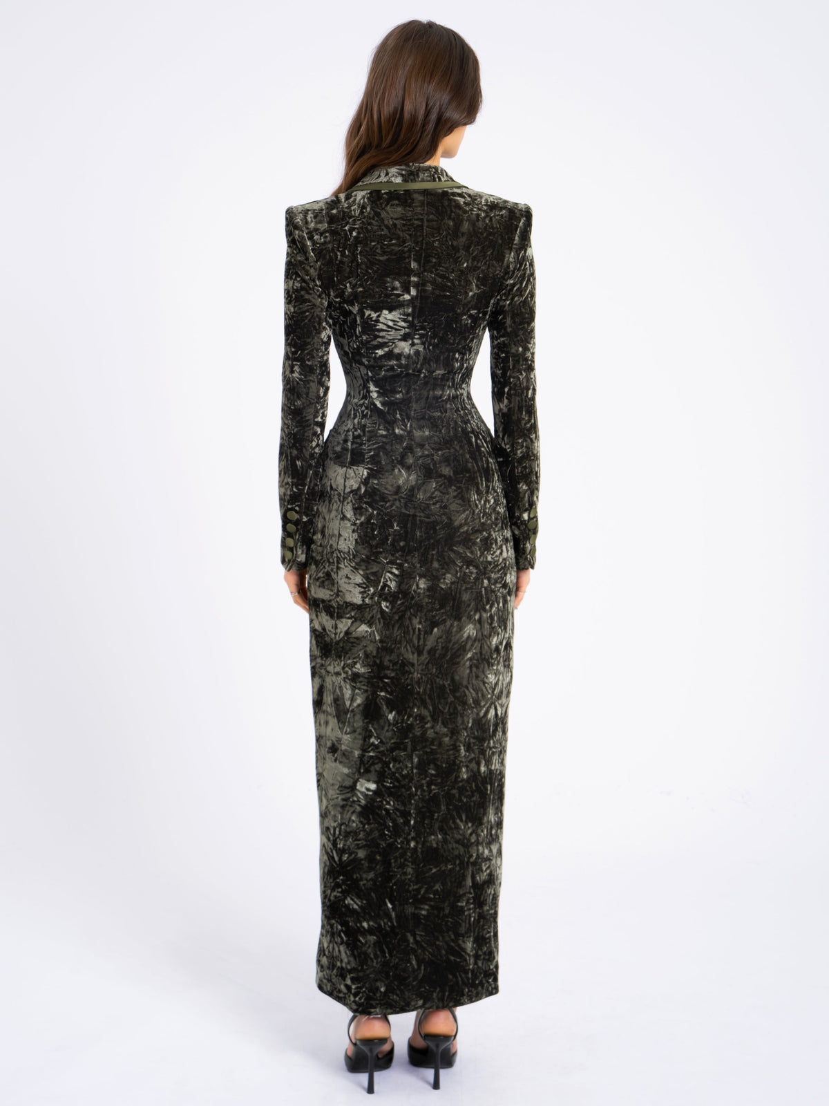 Willow Green Glossy Velvet High Slit Blazer Gown (Archive Sale)