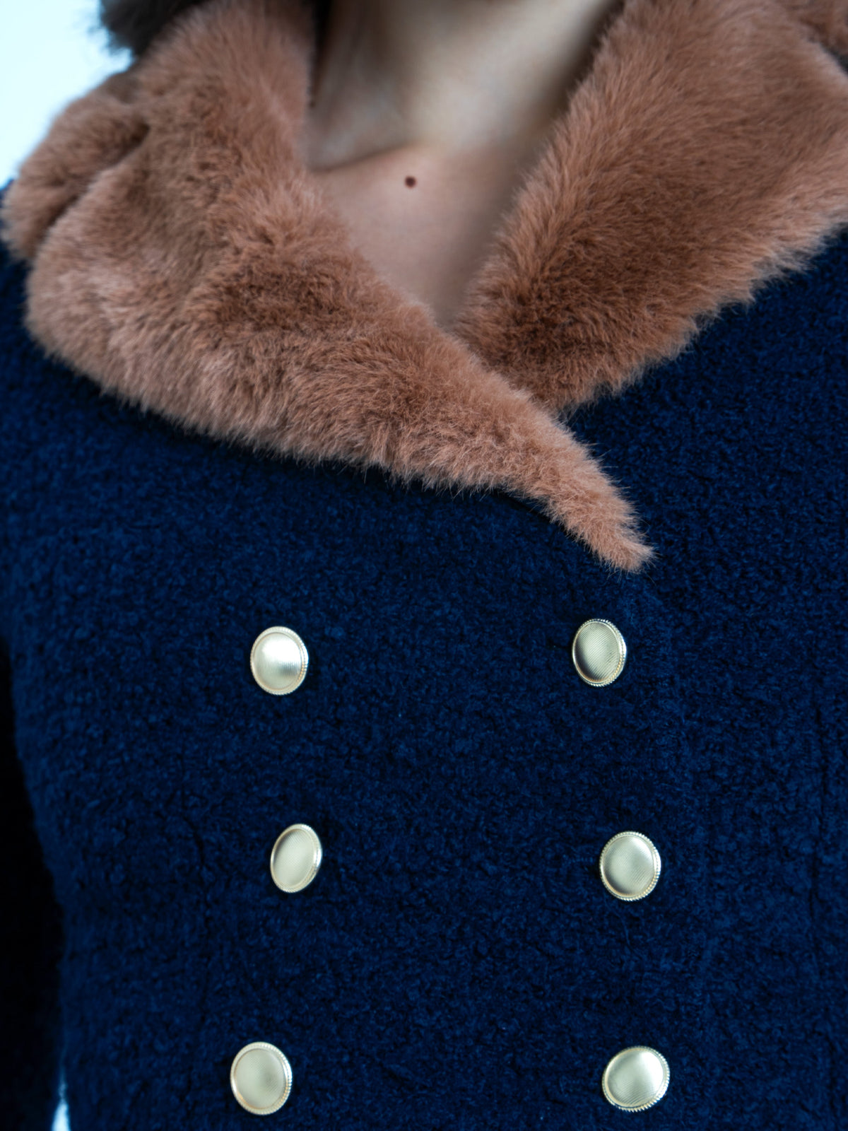 Wava Navy Blue Double Breast Fur Trim Cropped Boucle Wool Jacket (Archive Sale)