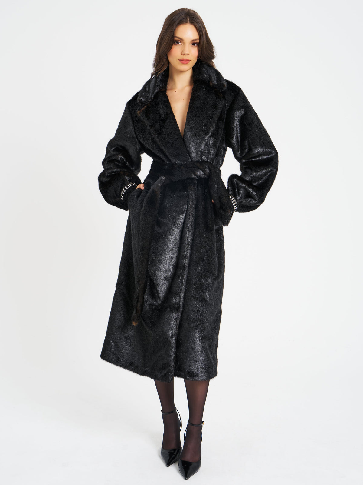 Yahia Black Vegan Long Faux Mink Coat (Archive Sale)