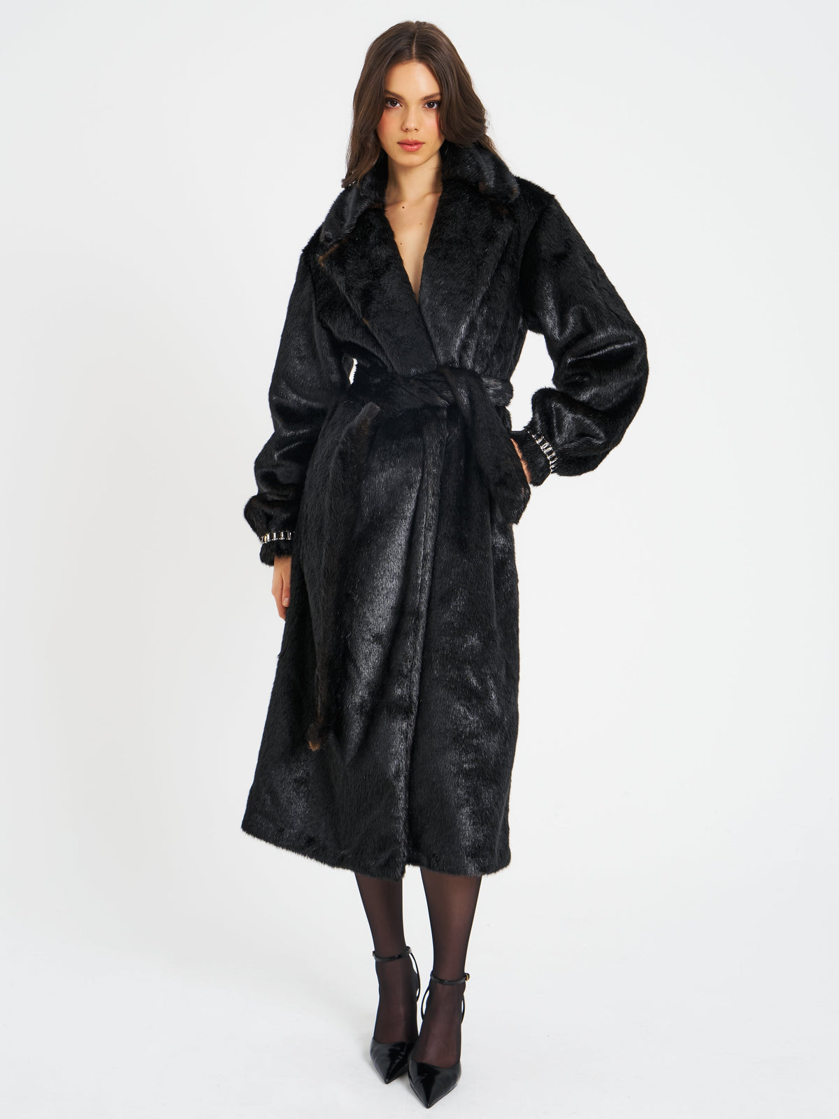 Yahia Black Vegan Long Faux Mink Coat (Archive Sale)