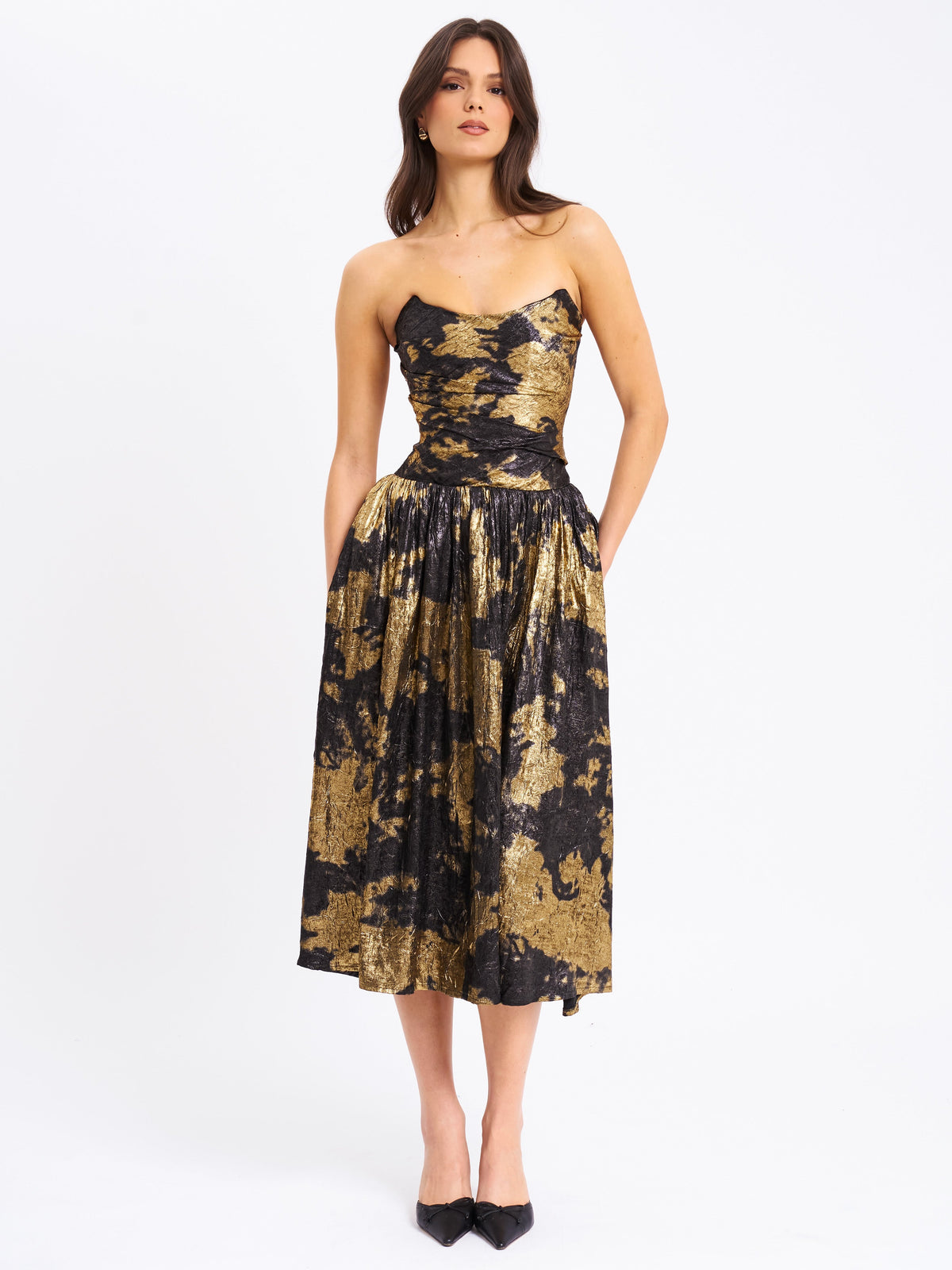 Saanvi Gold Tie Dye Bronzing Strapless Drop Waist Midi Dress