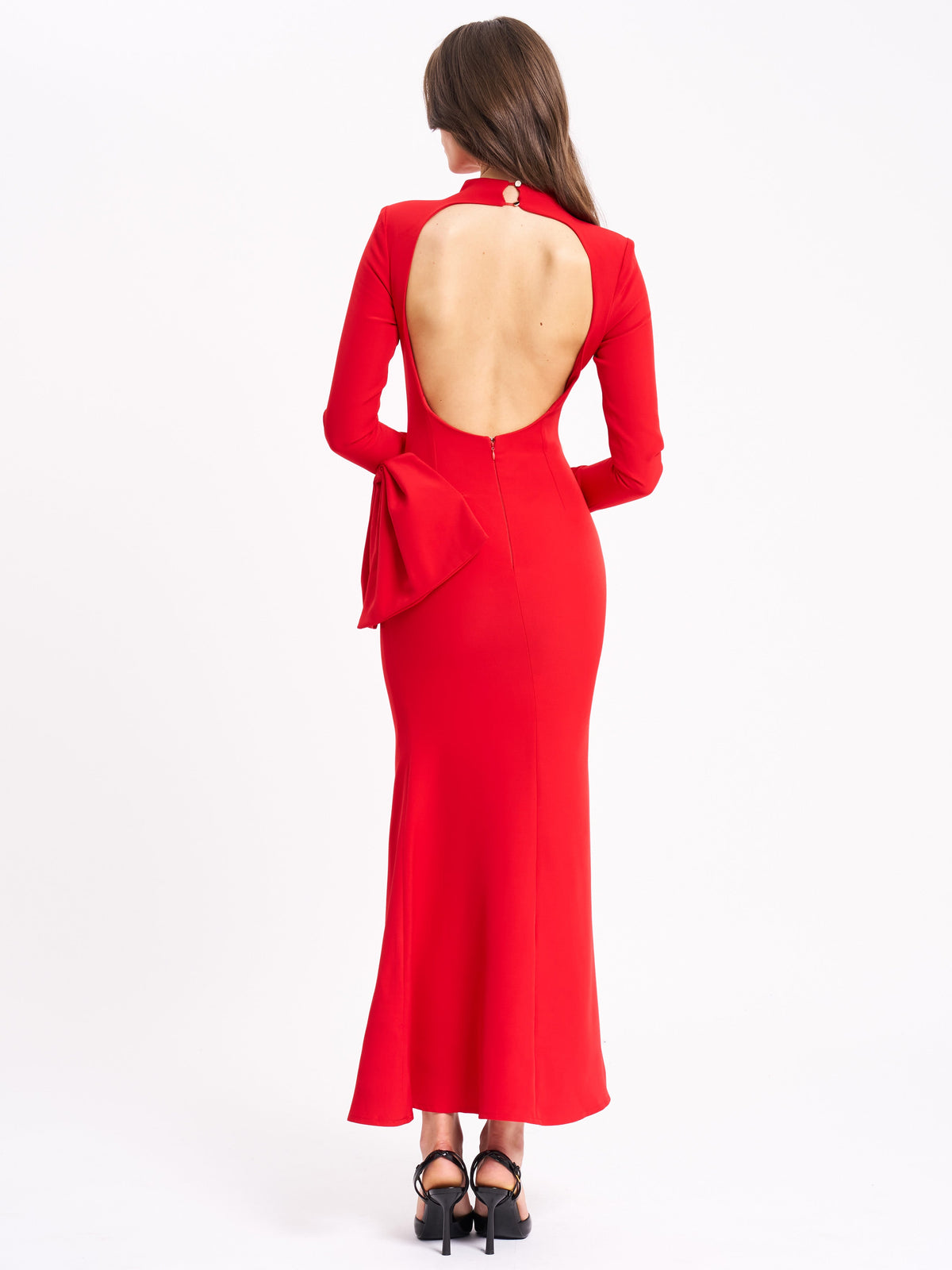 Radha Red Backless Longsleeve Maxi Dress with Bow (Archive Sale)
