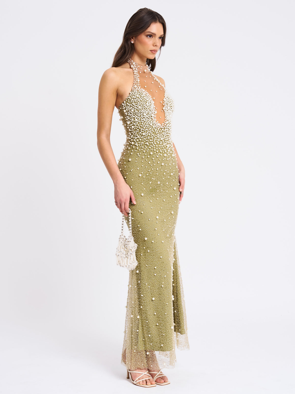 BBC Ginny Pear Green Pearl Embellished Backless Gown (Archive Sale)